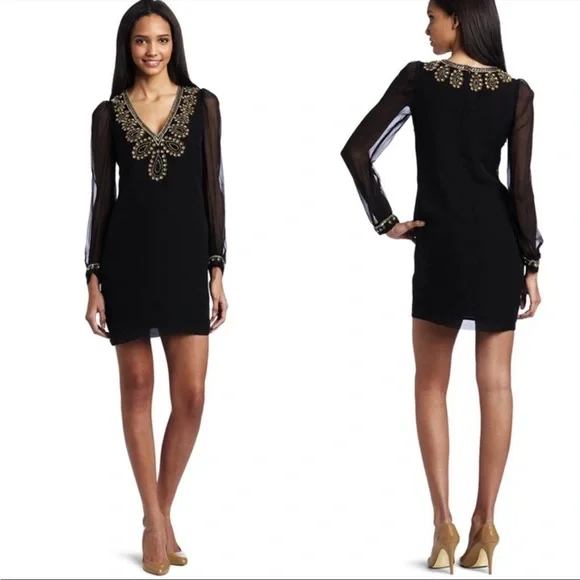 french connection black beaded dress Black Satin Long Dress With Beaded Lace Appliqué main image 0